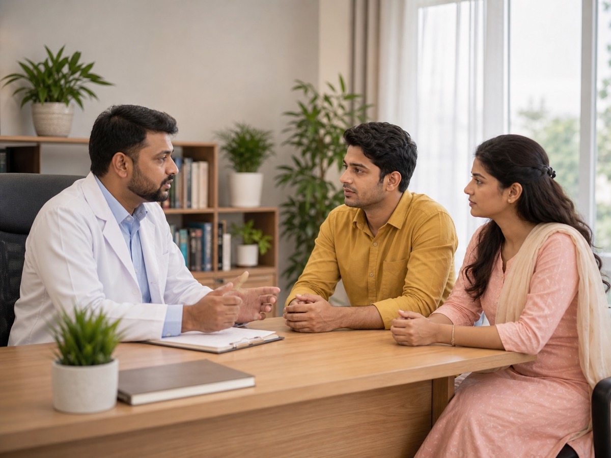 Doctor counseling a family at Safal Jiven Jyoti in Shamli, Uttar Pradesh